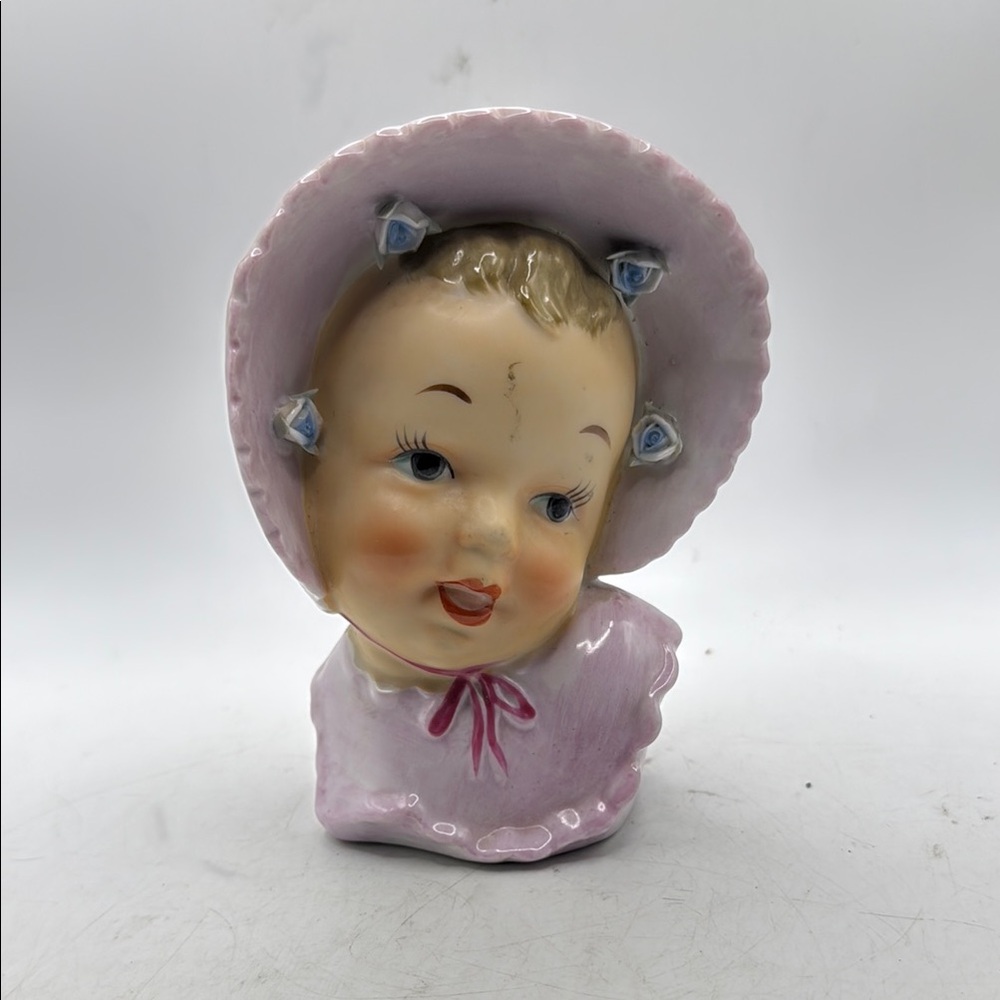 Vintage Ucagco Baby Head Vase Planter Bonnet Flowers Japan Collectible Decor
